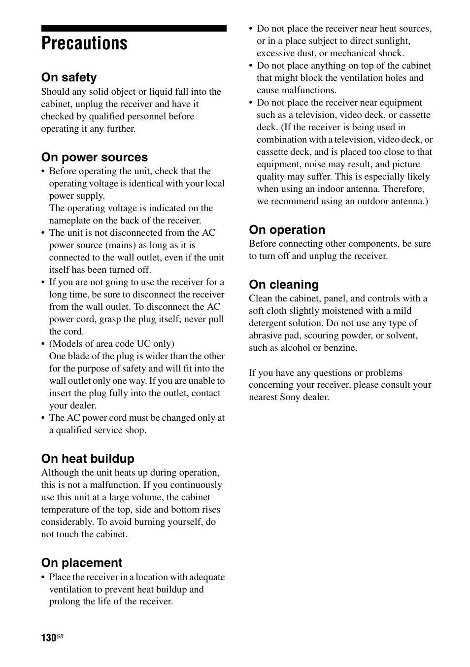 Precautions | Sony STR-DA7100ES User Manual | Page 130 / 139