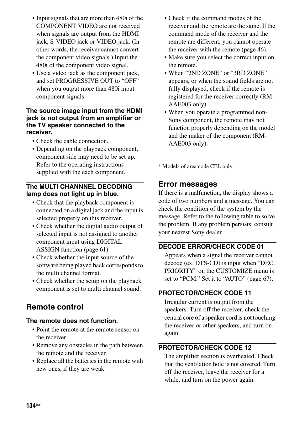 Remote control, Error messages | Sony STR-DA7100ES User Manual | Page 134 / 139