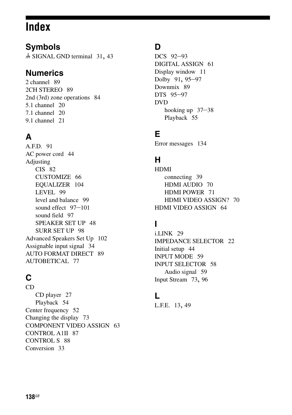 Index, Symbols, Numerics | Sony STR-DA7100ES User Manual | Page 138 / 139