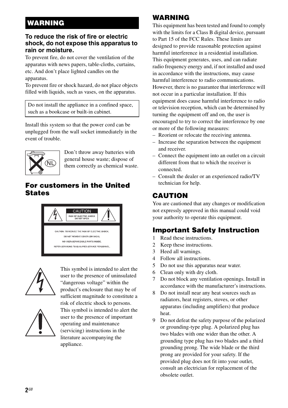 For customers in the united states, Warning, Caution | Important safety instruction | Sony STR-DA7100ES User Manual | Page 2 / 139