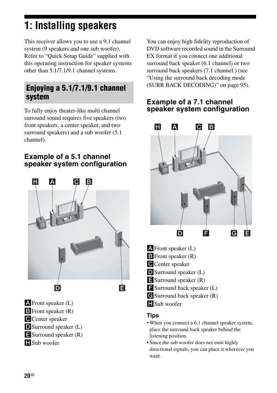 Installing speakers | Sony STR-DA7100ES User Manual | Page 20 / 139