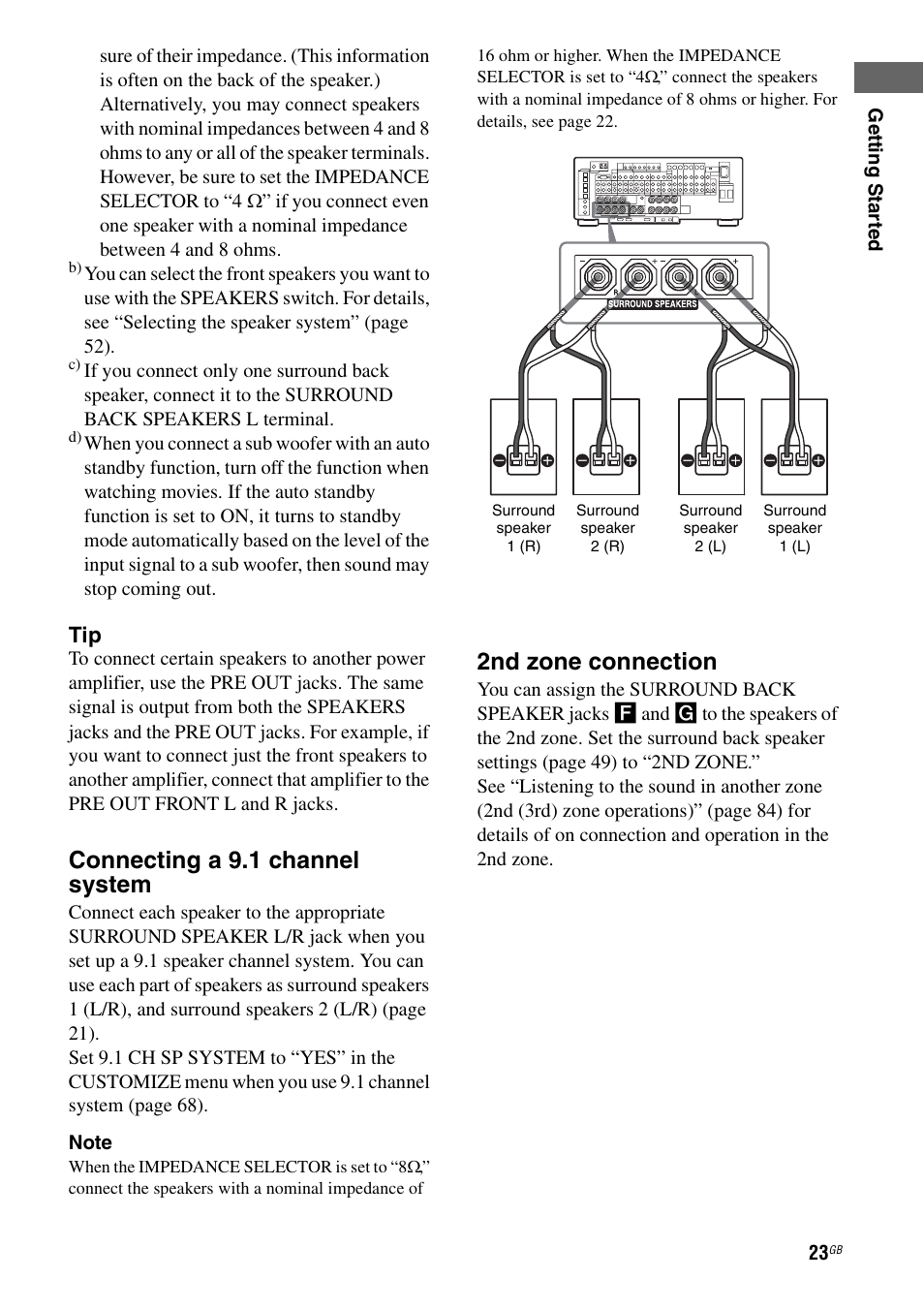 Connecting a 9.1 channel system, 2nd zone connection | Sony STR-DA7100ES User Manual | Page 23 / 139