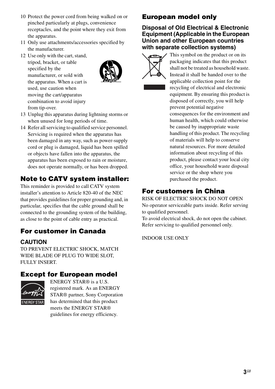 For customer in canada, Except for european model, European model only | For customers in china | Sony STR-DA7100ES User Manual | Page 3 / 139