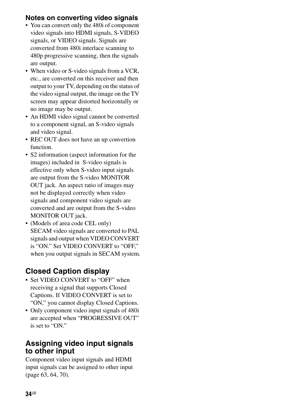 Closed caption display, Assigning video input signals to other input | Sony STR-DA7100ES User Manual | Page 34 / 139