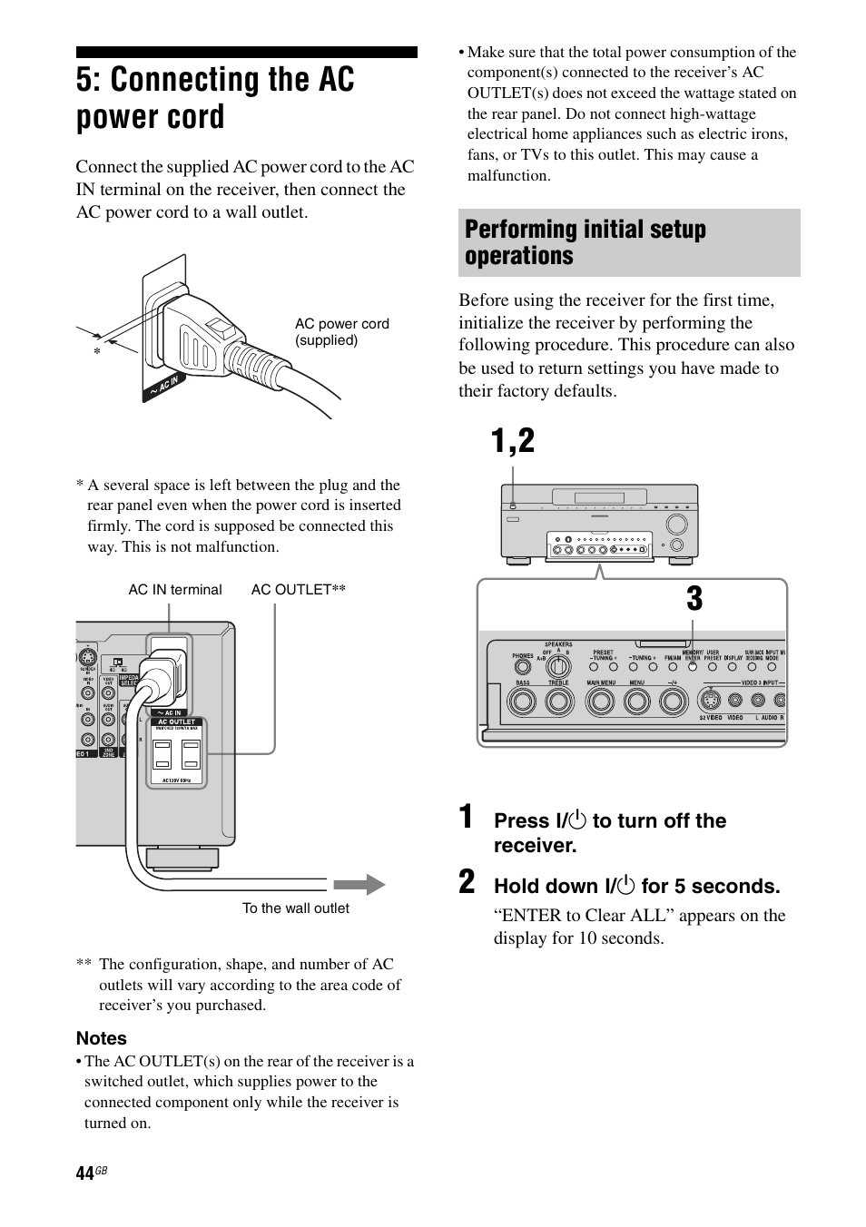 Connecting the ac power cord, Performing initial setup operations | Sony STR-DA7100ES User Manual | Page 44 / 139