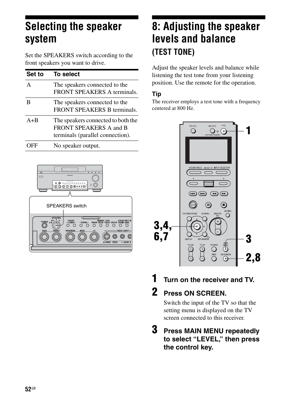 Selecting the speaker system, Test tone), E 52 | See “selecting the speaker system, Adjusting the speaker levels and balance | Sony STR-DA7100ES User Manual | Page 52 / 139