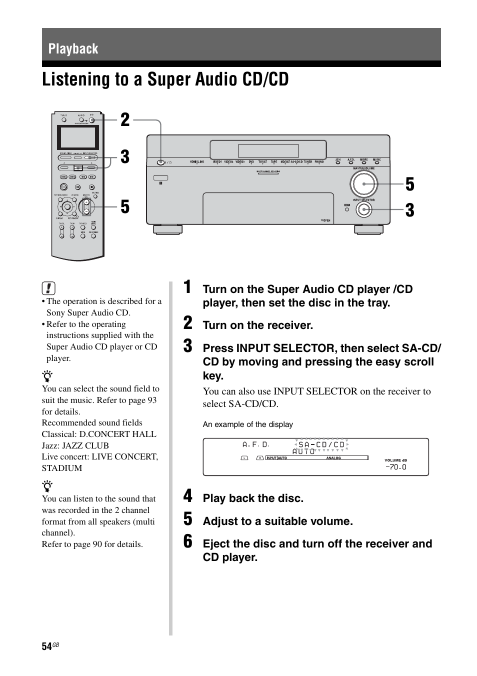 Playback, Listening to a super audio cd/cd, E 54 | Sony STR-DA7100ES User Manual | Page 54 / 139