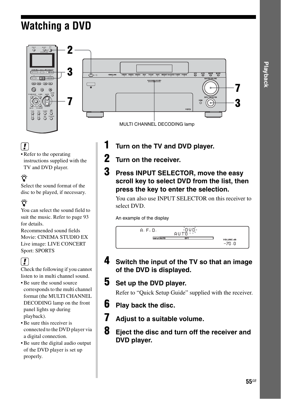 Watching a dvd, E 55) | Sony STR-DA7100ES User Manual | Page 55 / 139