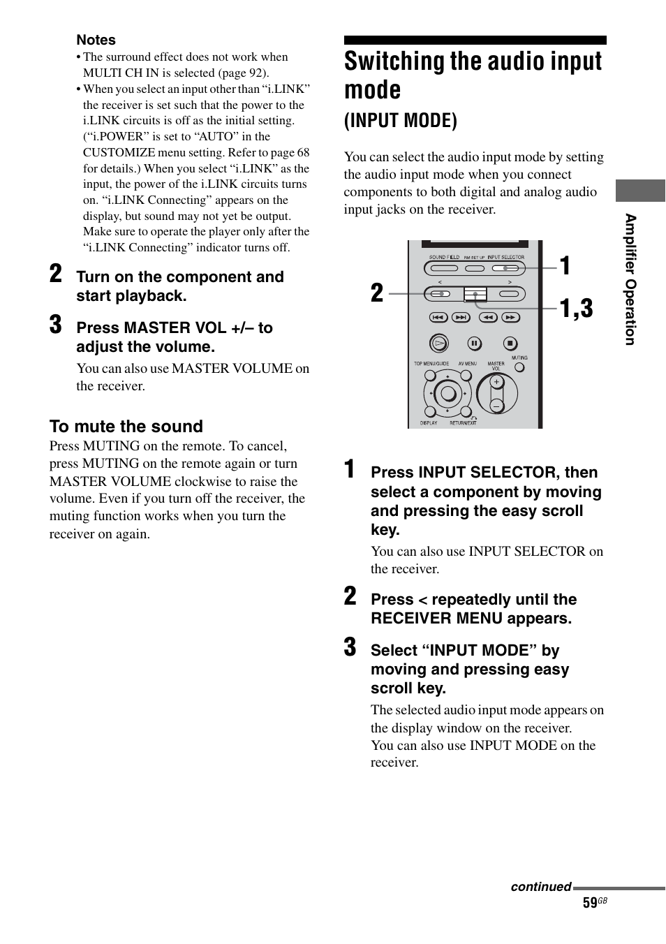 Switching the audio input mode (input mode), Switching the audio input mode, Input mode) | E 59 | Sony STR-DA7100ES User Manual | Page 59 / 139