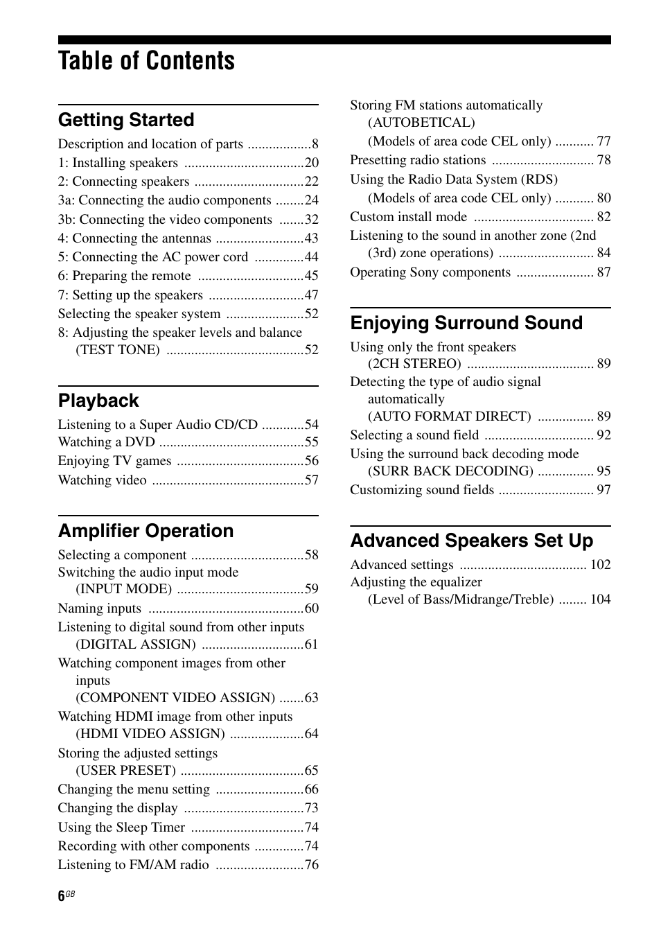 Sony STR-DA7100ES User Manual | Page 6 / 139