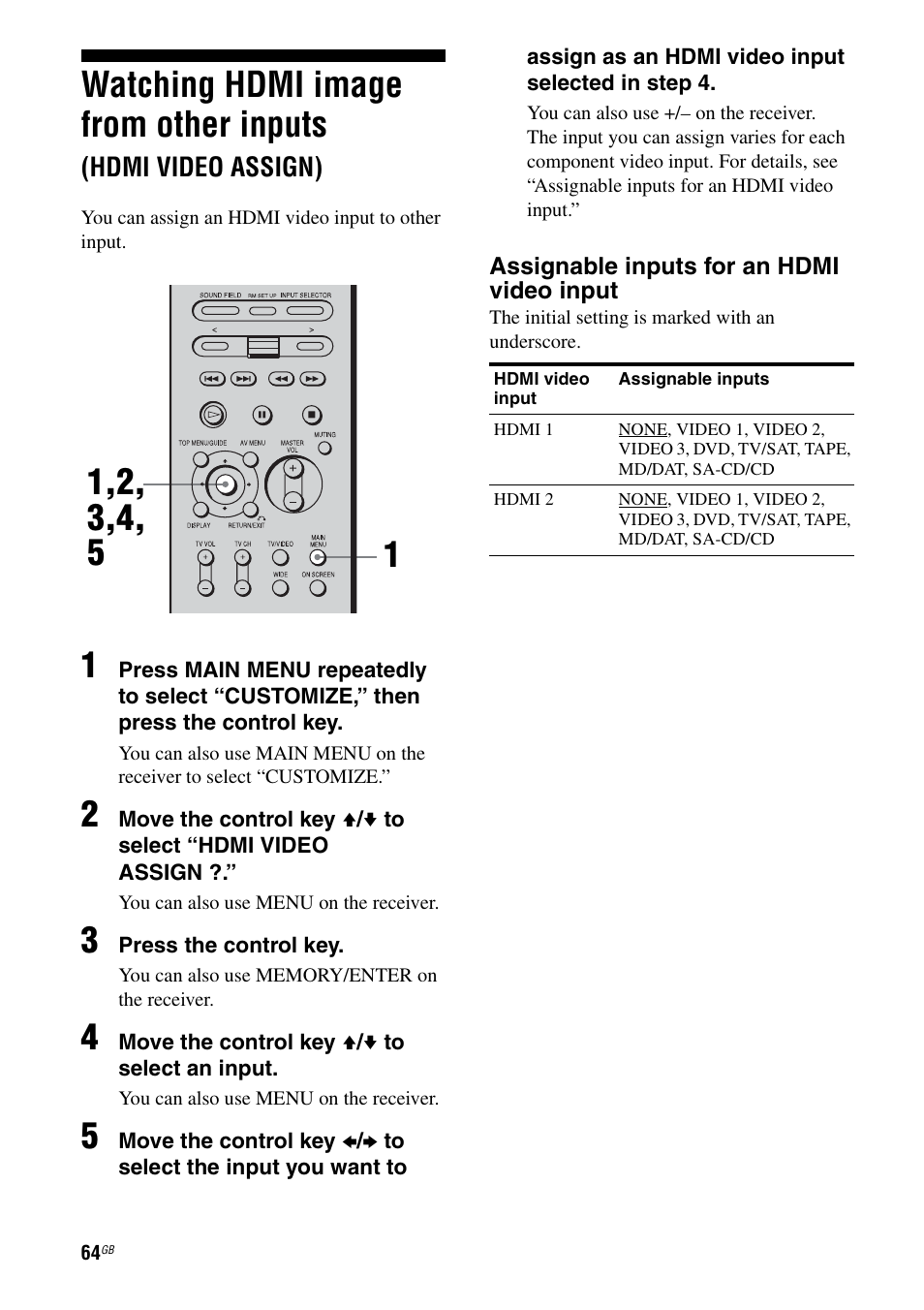 Watching hdmi image from other inputs, Hdmi video assign) | Sony STR-DA7100ES User Manual | Page 64 / 139