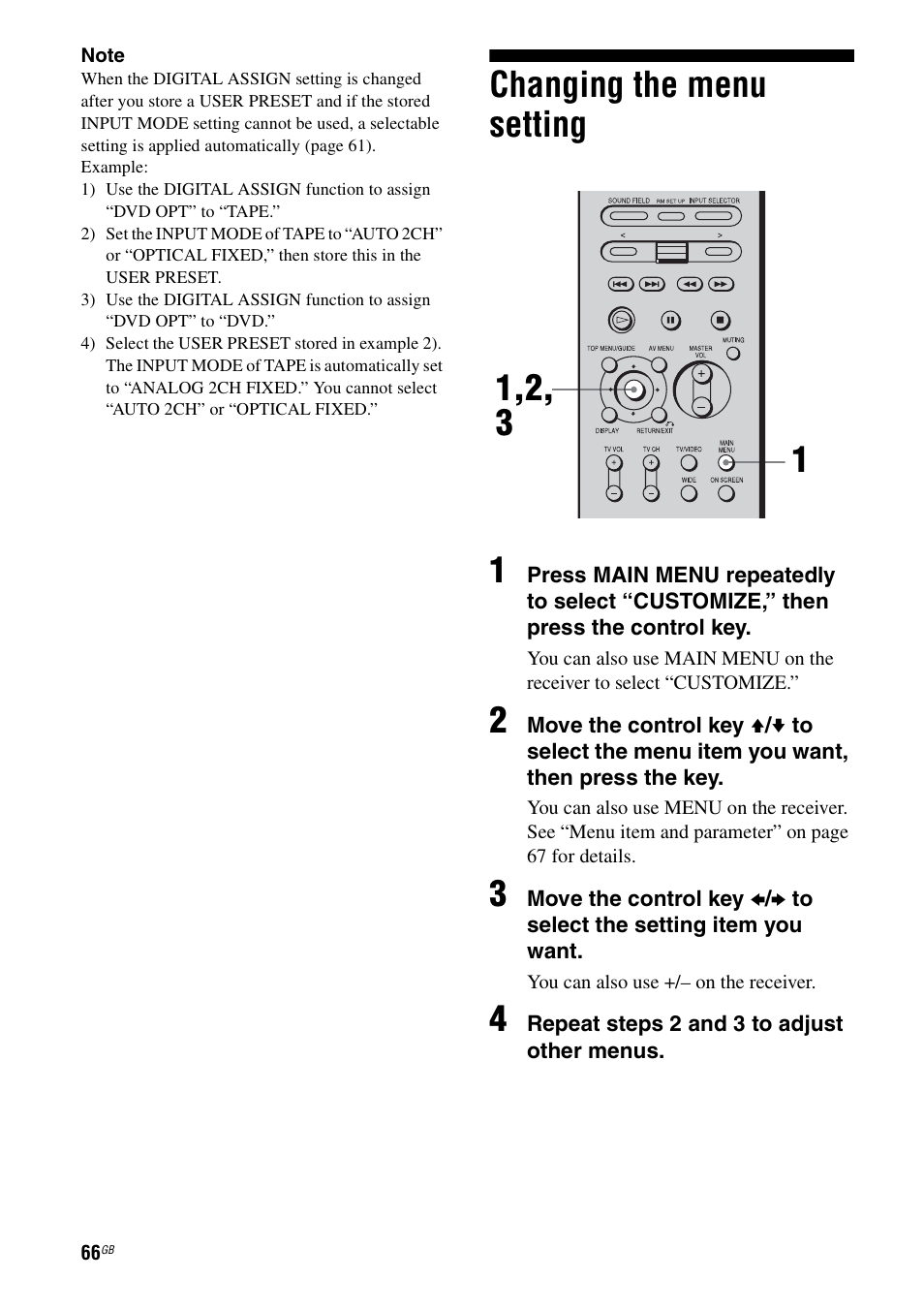 Changing the menu setting, Changing the menu setting 1 | Sony STR-DA7100ES User Manual | Page 66 / 139
