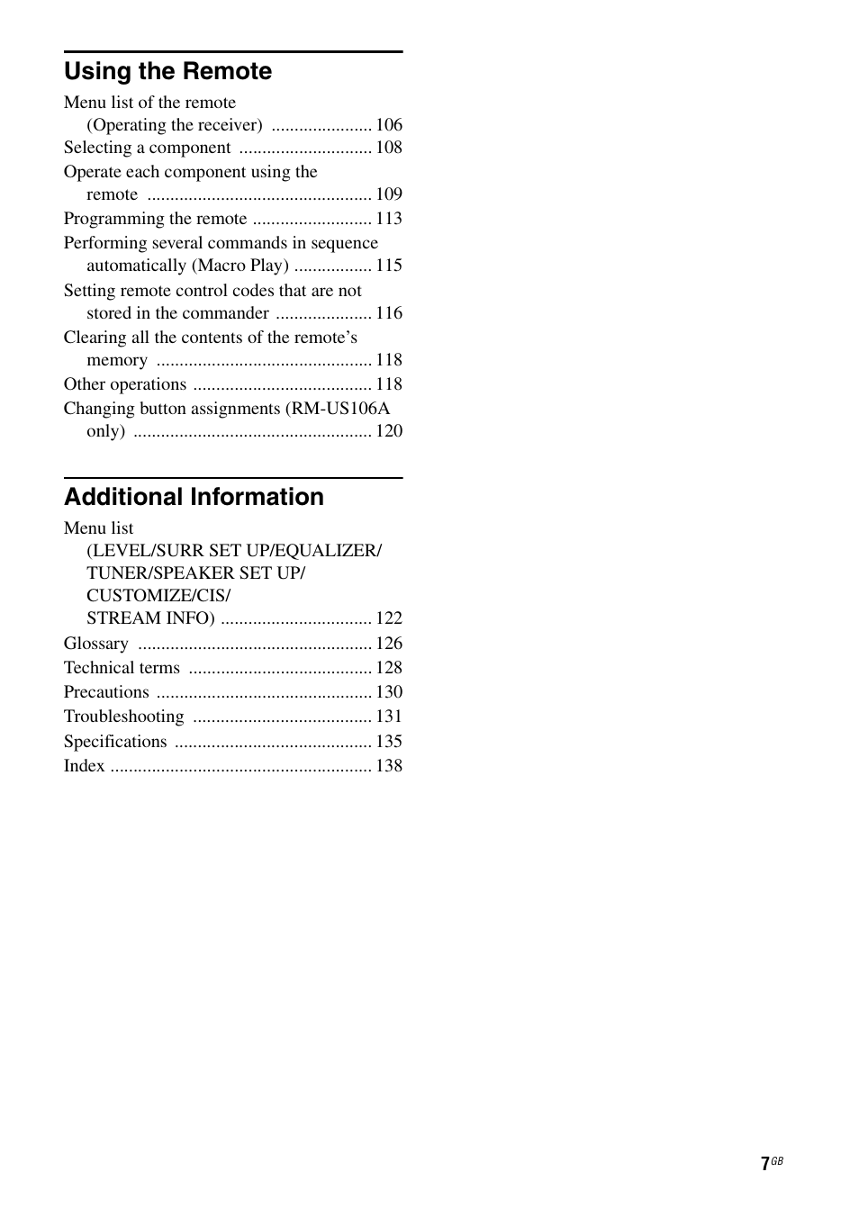 Using the remote, Additional information | Sony STR-DA7100ES User Manual | Page 7 / 139