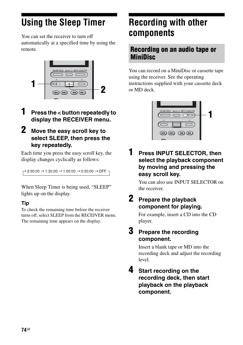 Using the sleep timer, Recording with other components | Sony STR-DA7100ES User Manual | Page 74 / 139