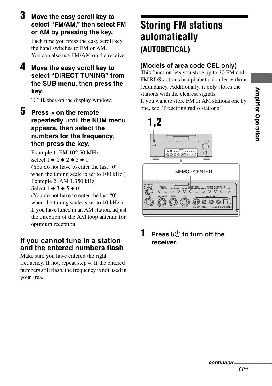 Storing fm stations automatically, Autobetical) (models of area code cel only), Autobetical) | Sony STR-DA7100ES User Manual | Page 77 / 139