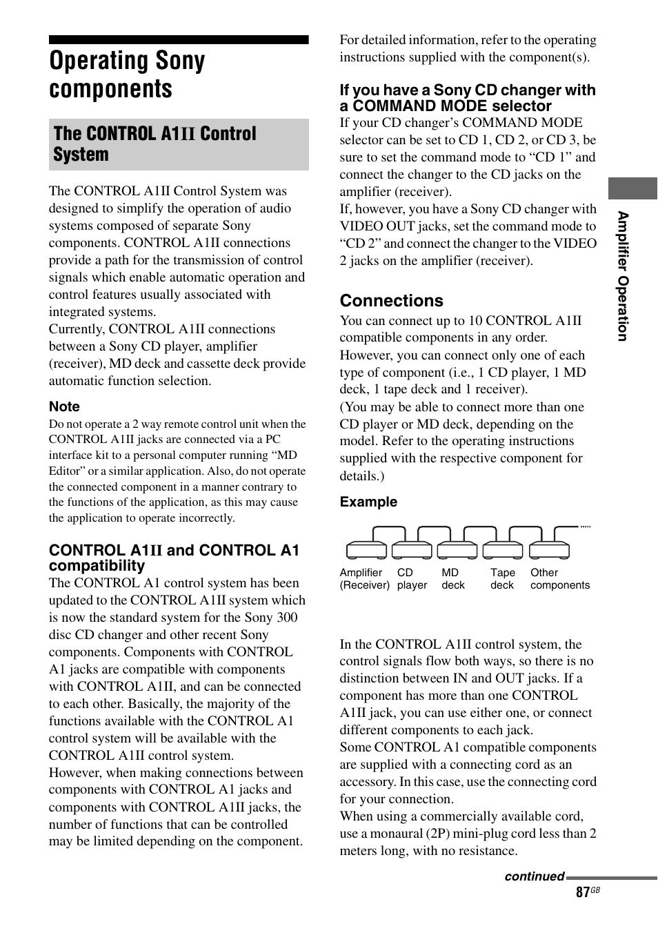 Operating sony components, E 87), E “operating sony components” on | The control a1ii control system, Connections | Sony STR-DA7100ES User Manual | Page 87 / 139