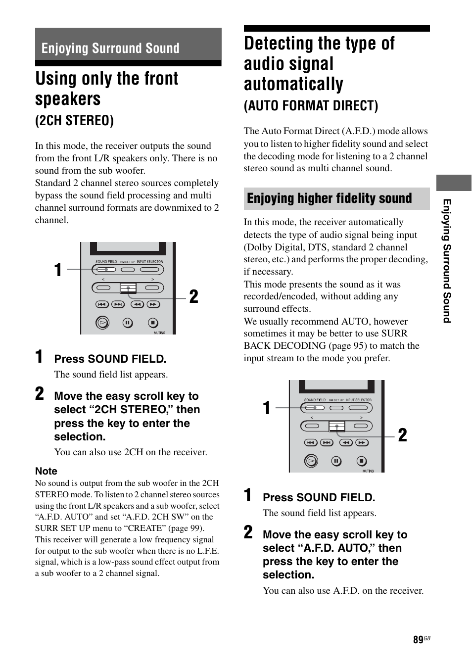 Enjoying surround sound, Using only the front speakers (2ch stereo), Using only the front speakers | 2ch stereo), Detecting the type of audio signal, Automatically (auto format direct), E 89, Detecting the type of audio signal automatically | Sony STR-DA7100ES User Manual | Page 89 / 139