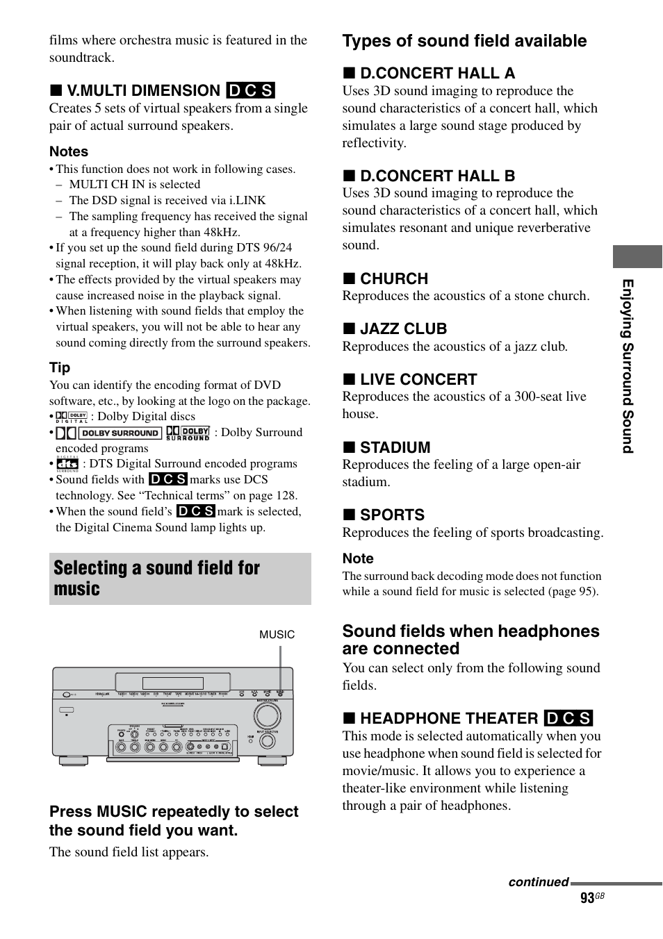 Selecting a sound field for music, Types of sound field available, Sound fields when headphones are connected | Sony STR-DA7100ES User Manual | Page 93 / 139