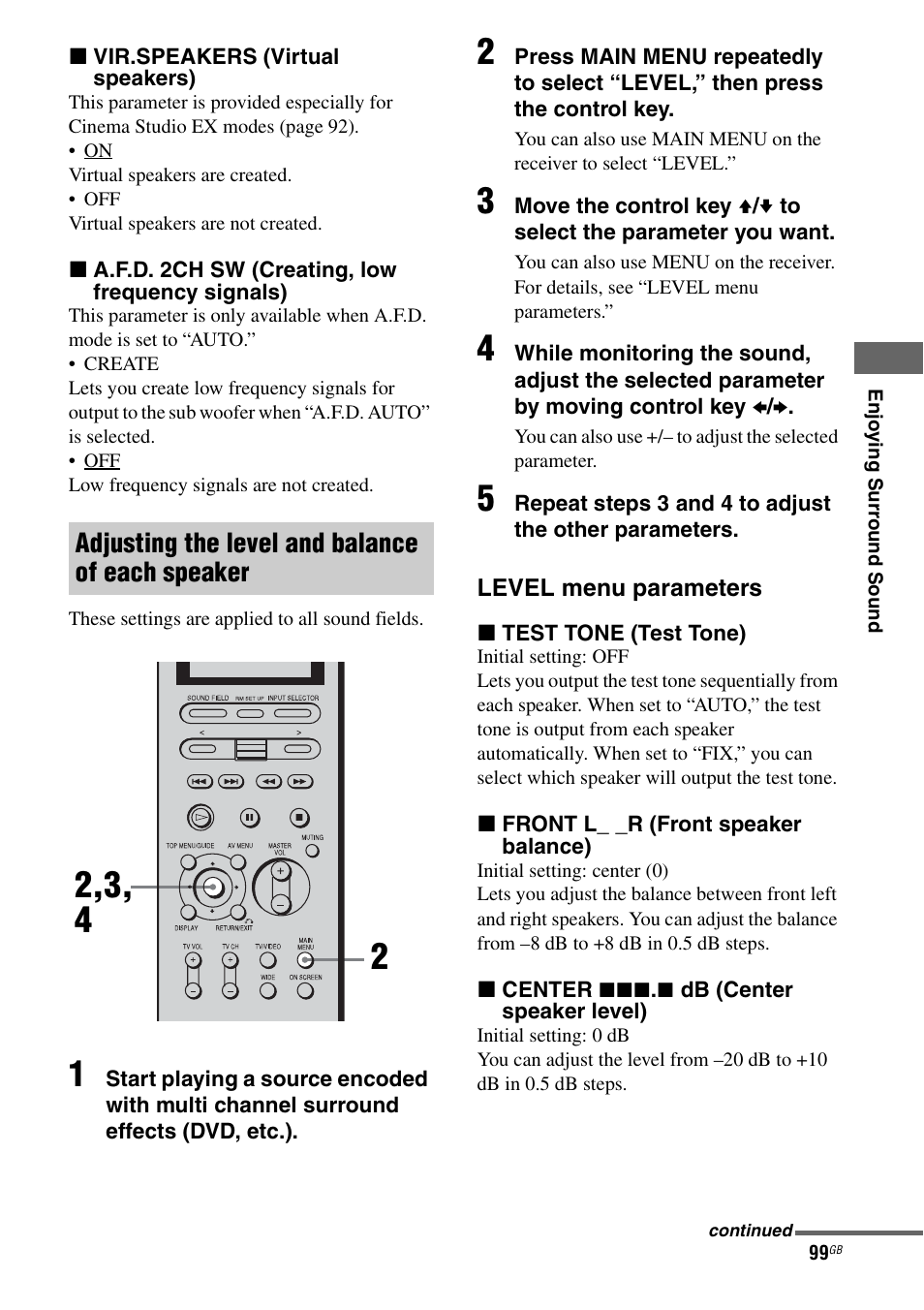 E 99, Adjusting the level and balance of each speaker | Sony STR-DA7100ES User Manual | Page 99 / 139