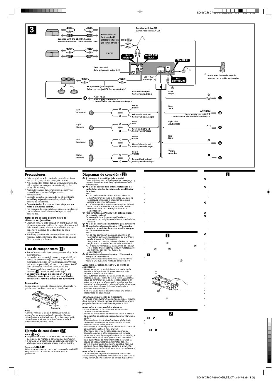 Precauciones, Lista de componentes ( 1 ), Ejemplo de conexiones ( 2 ) | Diagramas de conexión ( 3 ) | Sony XR-CA660X User Manual | Page 2 / 4