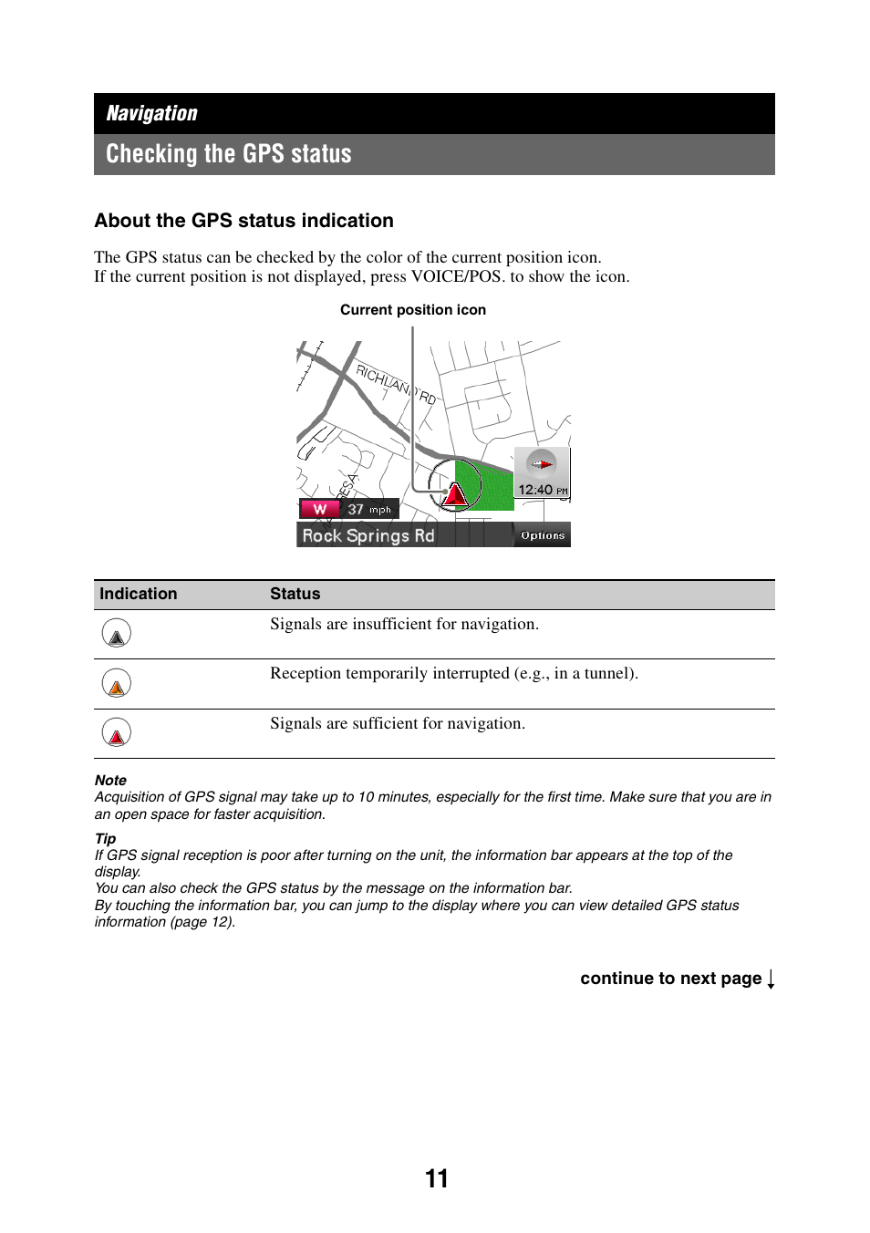 Navigation, Checking the gps status | Sony NAV-U NV-U44 User Manual | Page 11 / 54