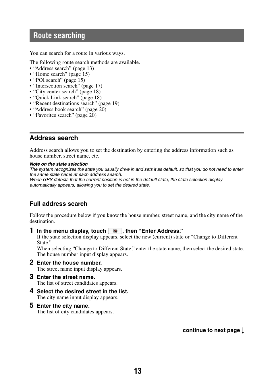 Route searching, Address search, 13 route searching | Sony NAV-U NV-U44 User Manual | Page 13 / 54