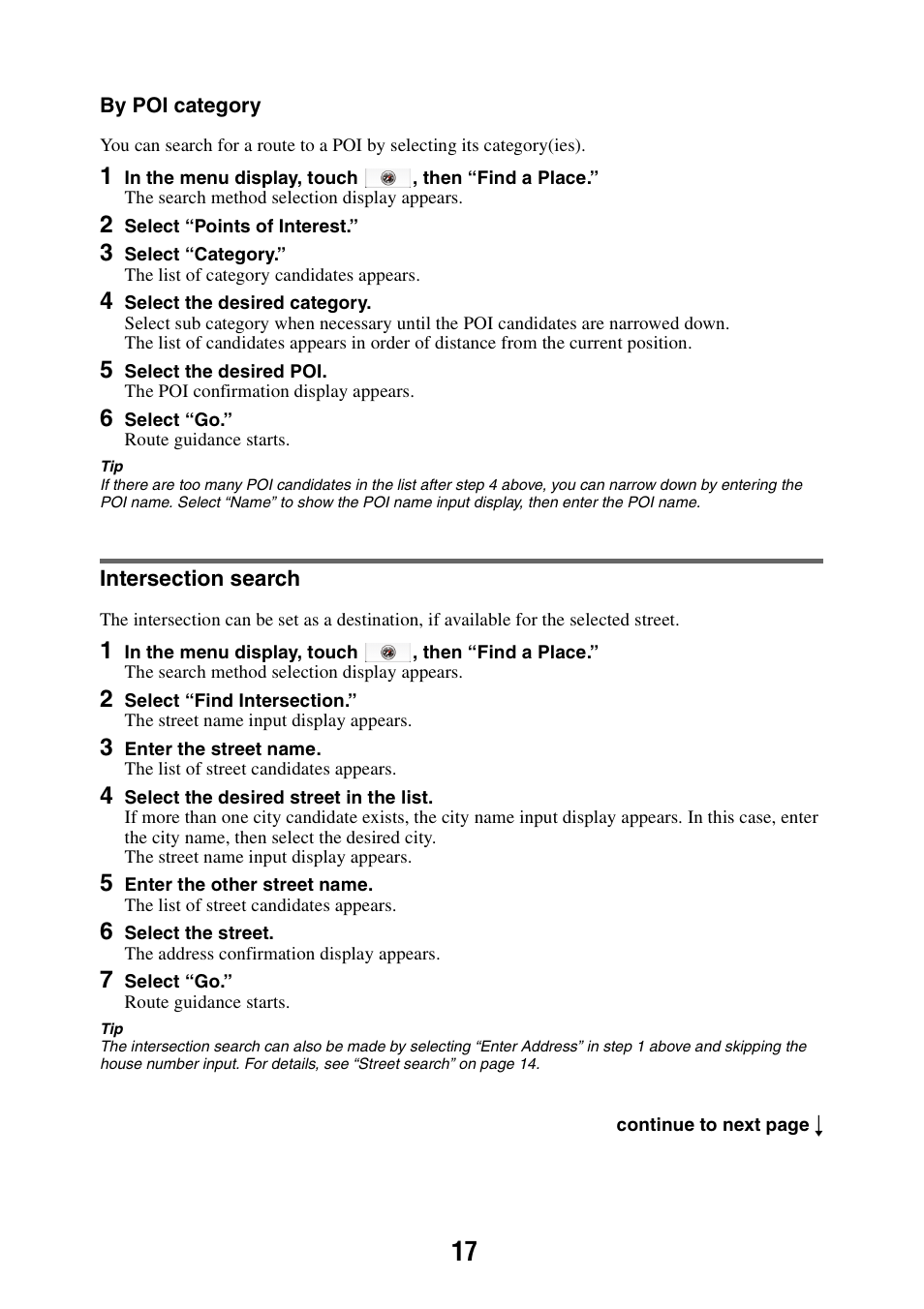 Intersection search | Sony NAV-U NV-U44 User Manual | Page 17 / 54