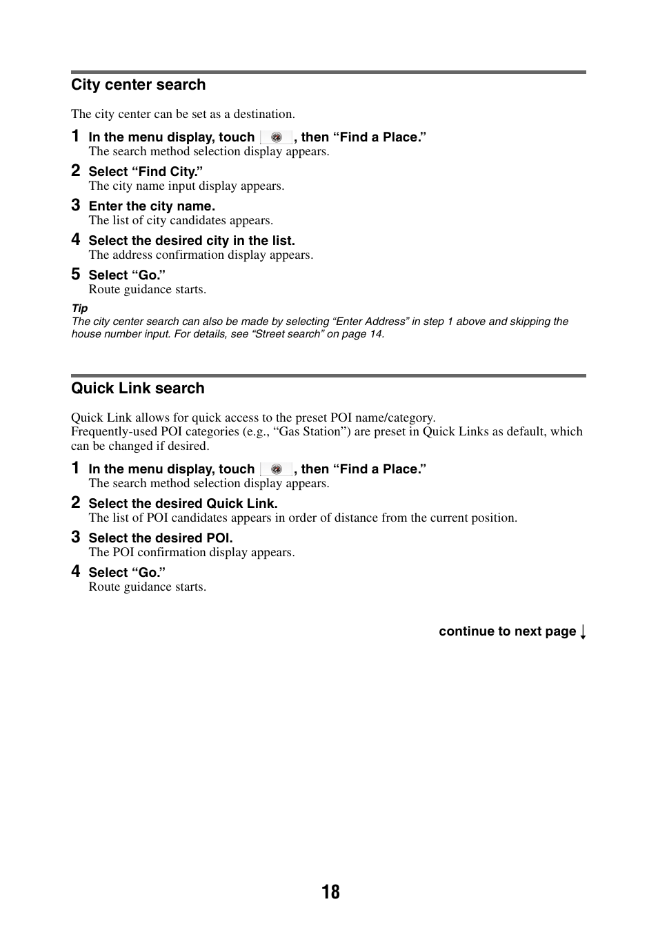 City center search, Quick link search, City center search quick link search | Sony NAV-U NV-U44 User Manual | Page 18 / 54