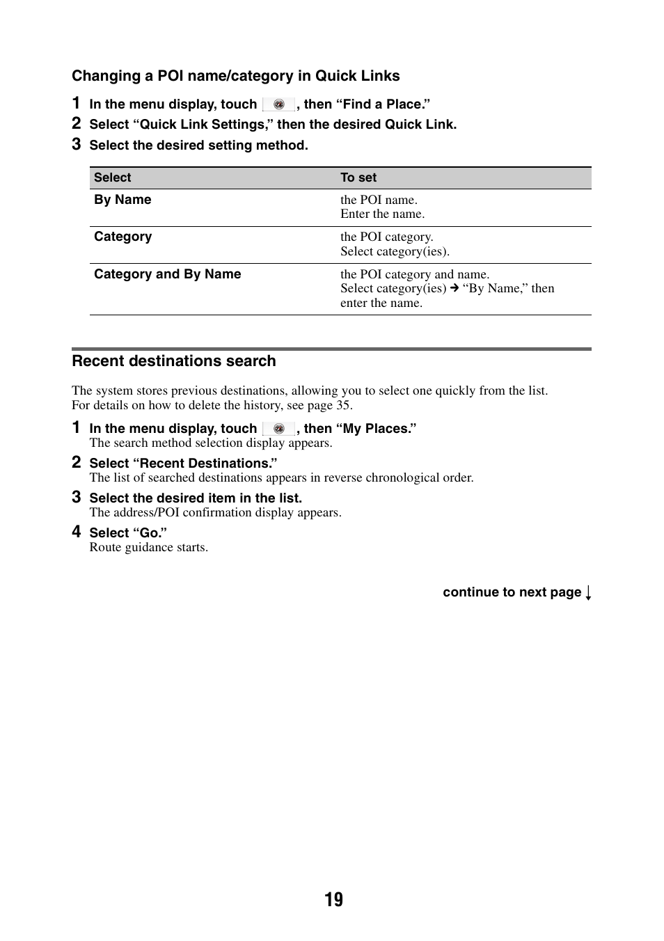 Recent destinations search | Sony NAV-U NV-U44 User Manual | Page 19 / 54