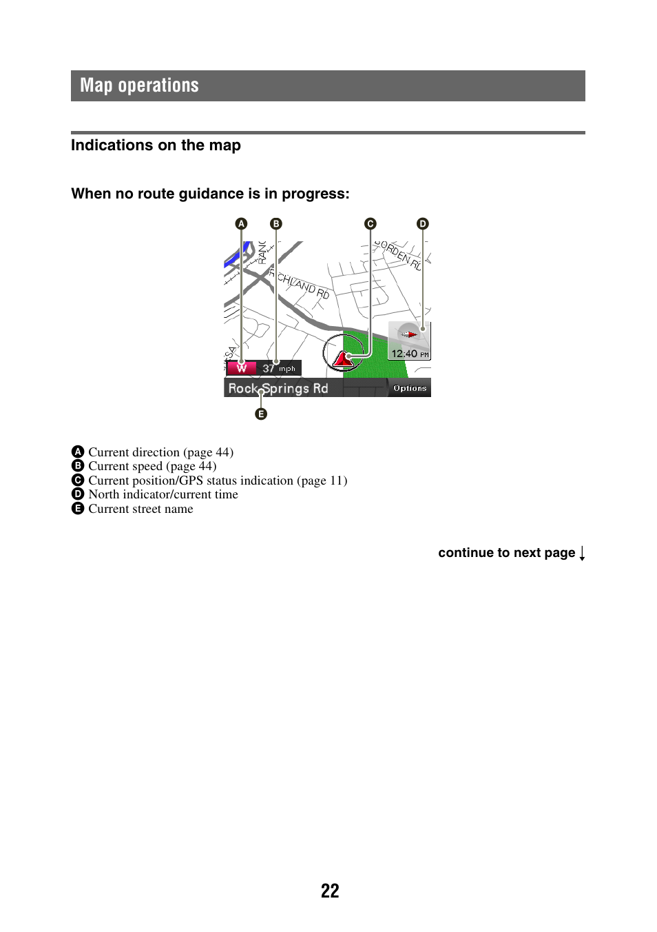 Map operations, Indications on the map, 22 map operations | Sony NAV-U NV-U44 User Manual | Page 22 / 54