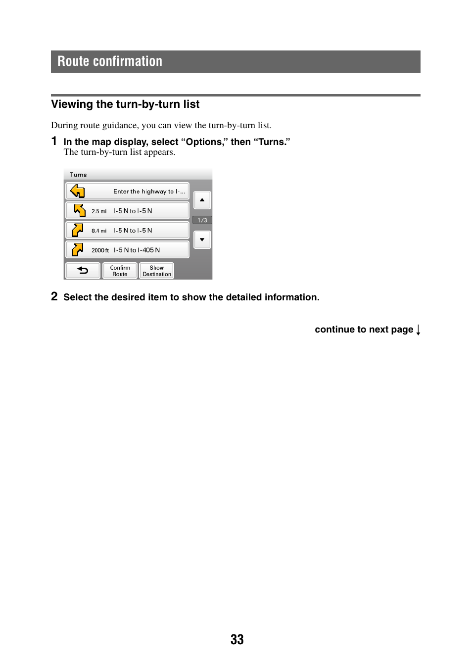 Route confirmation, Viewing the turn-by-turn list, 33 route confirmation | Sony NAV-U NV-U44 User Manual | Page 33 / 54