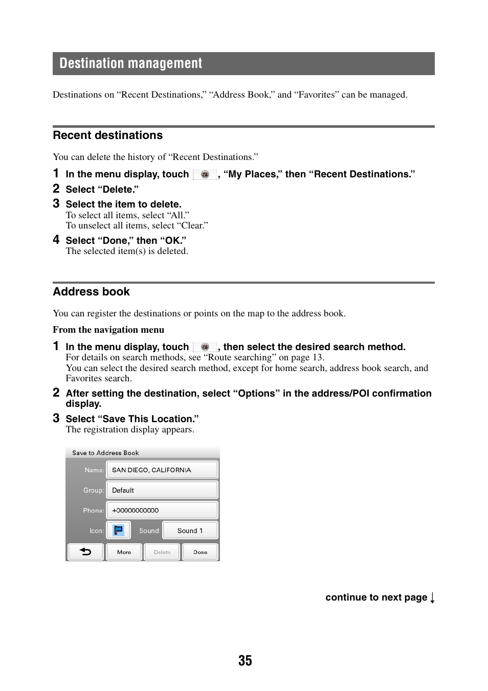 Destination management, Recent destinations, Address book | Recent destinations address book, 35 destination management | Sony NAV-U NV-U44 User Manual | Page 35 / 54