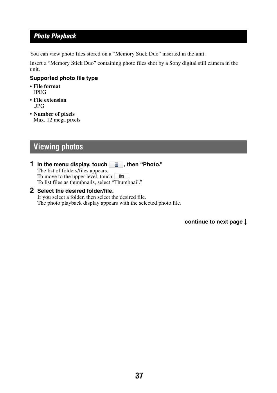 Photo playback, Viewing photos | Sony NAV-U NV-U44 User Manual | Page 37 / 54