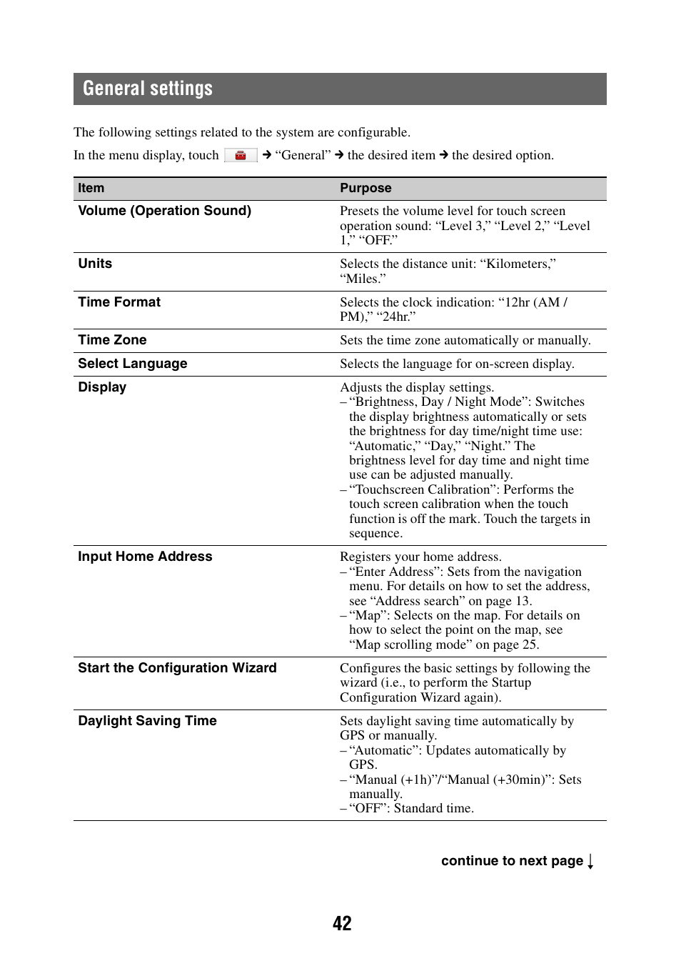 General settings, 42 general settings | Sony NAV-U NV-U44 User Manual | Page 42 / 54