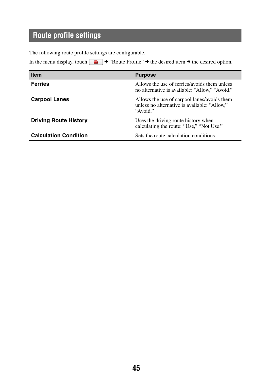 Route profile settings, 45 route profile settings | Sony NAV-U NV-U44 User Manual | Page 45 / 54