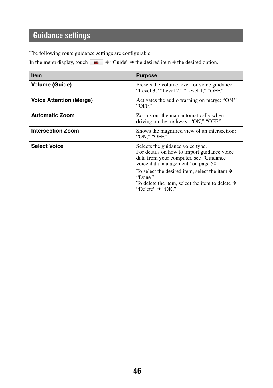 Guidance settings, 46 guidance settings | Sony NAV-U NV-U44 User Manual | Page 46 / 54