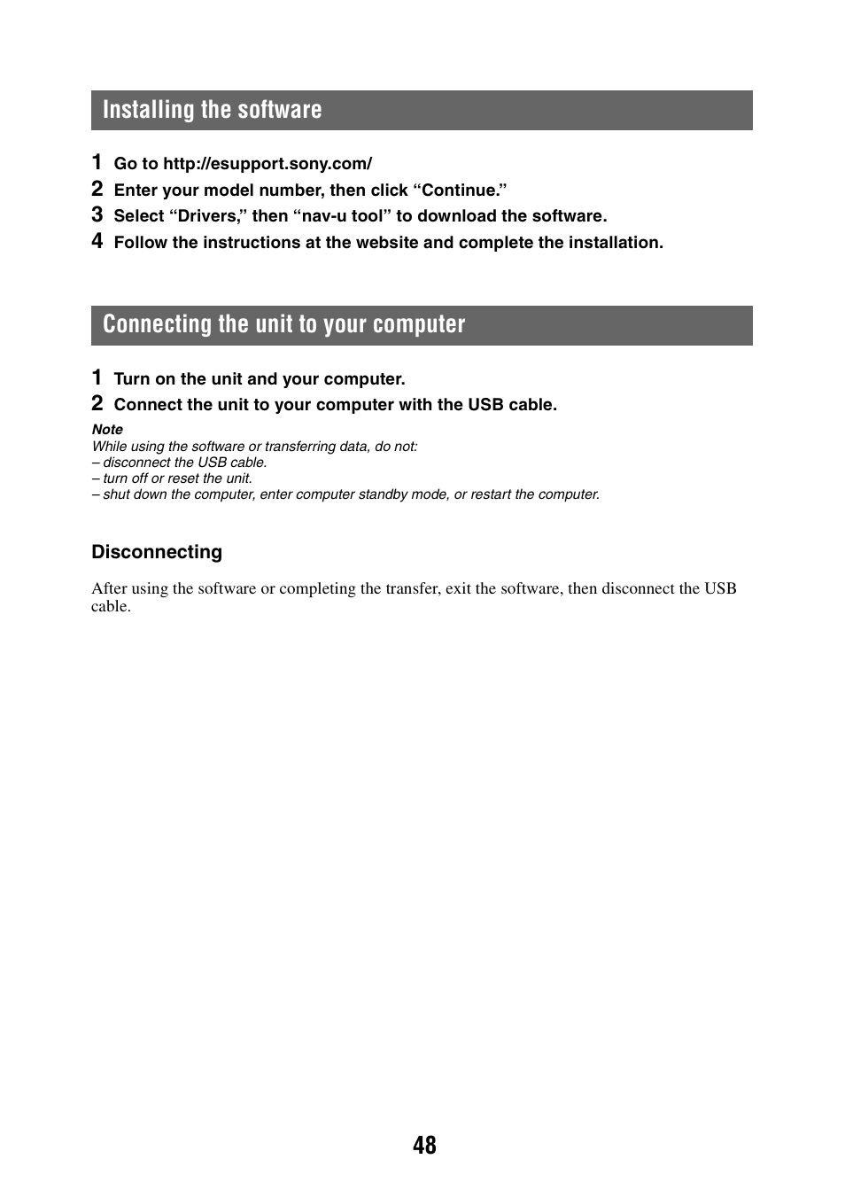 Installing the software, Connecting the unit to your computer, 48 installing the software | Sony NAV-U NV-U44 User Manual | Page 48 / 54