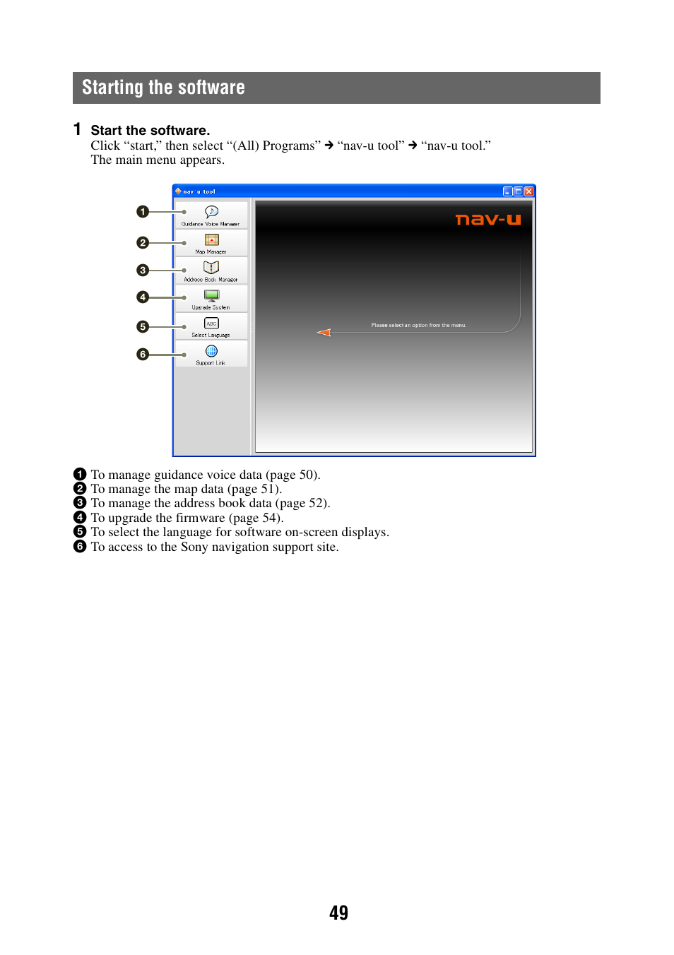 Starting the software, 49 starting the software | Sony NAV-U NV-U44 User Manual | Page 49 / 54