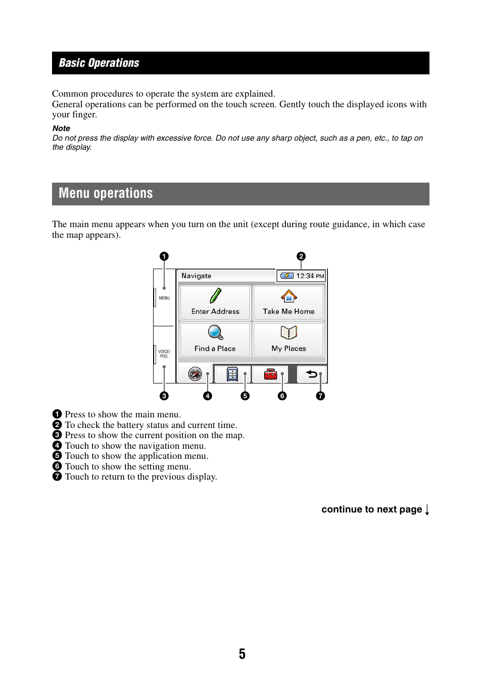 Basic operations, Menu operations | Sony NAV-U NV-U44 User Manual | Page 5 / 54