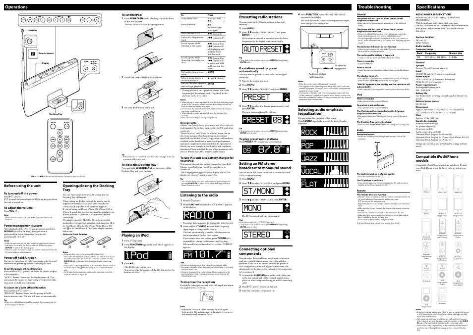 Audio in dc in 20v, Operations, Troubleshooting | Specifications | Sony RDPXF100IP User Manual | Page 2 / 2