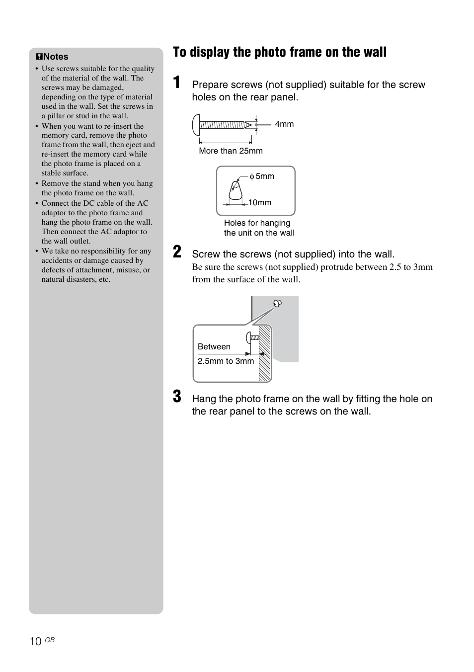 To display the photo frame on the wall | Sony DPF-E710 User Manual | Page 10 / 28