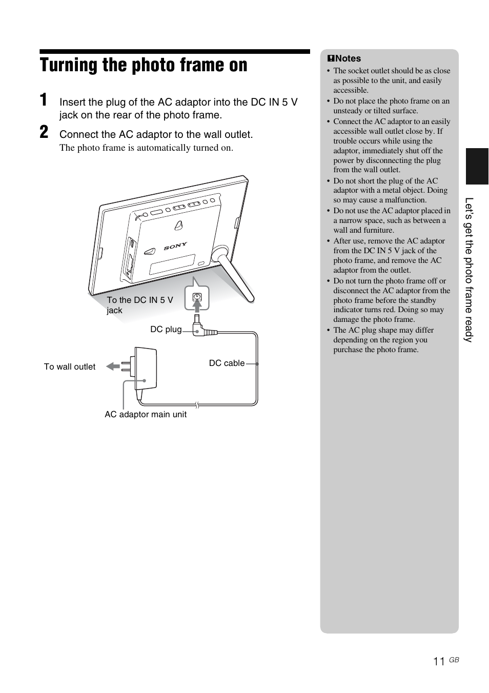 Turning the photo frame on | Sony DPF-E710 User Manual | Page 11 / 28