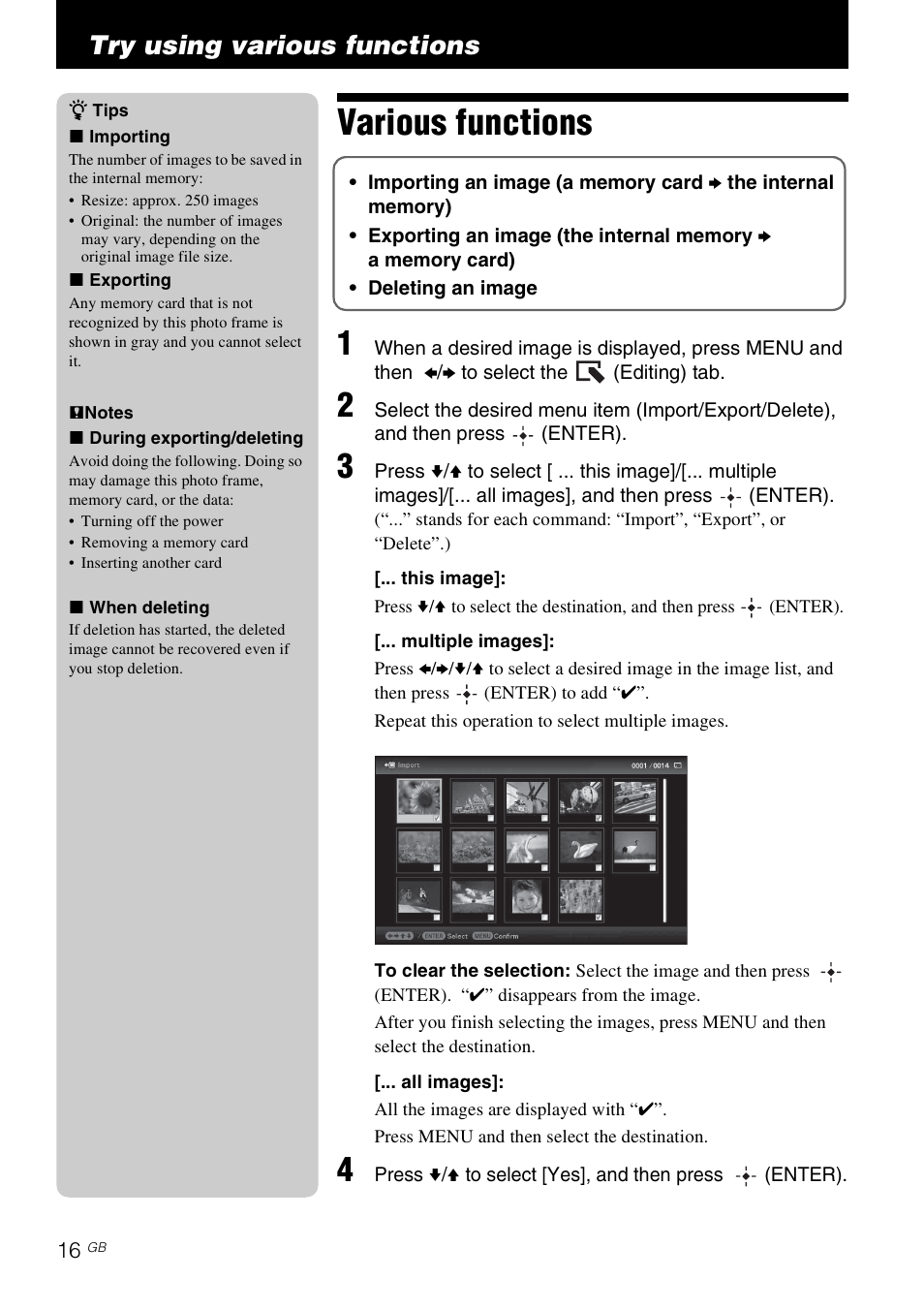 Try using various functions, Various functions | Sony DPF-E710 User Manual | Page 16 / 28