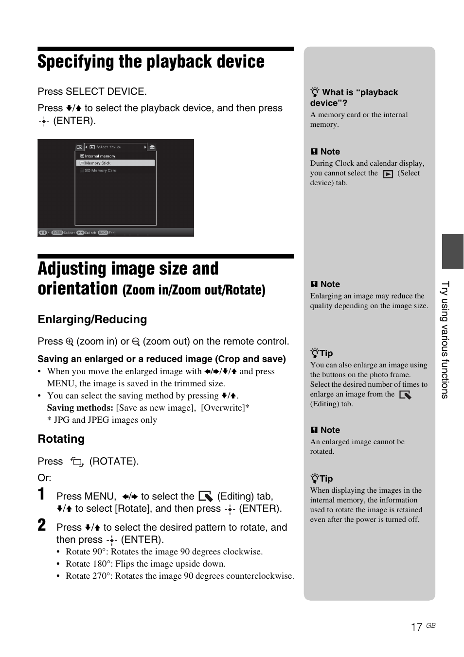 Specifying the playback device, Adjusting image size and orientation, Zoom in/zoom out/rotate) | Sony DPF-E710 User Manual | Page 17 / 28