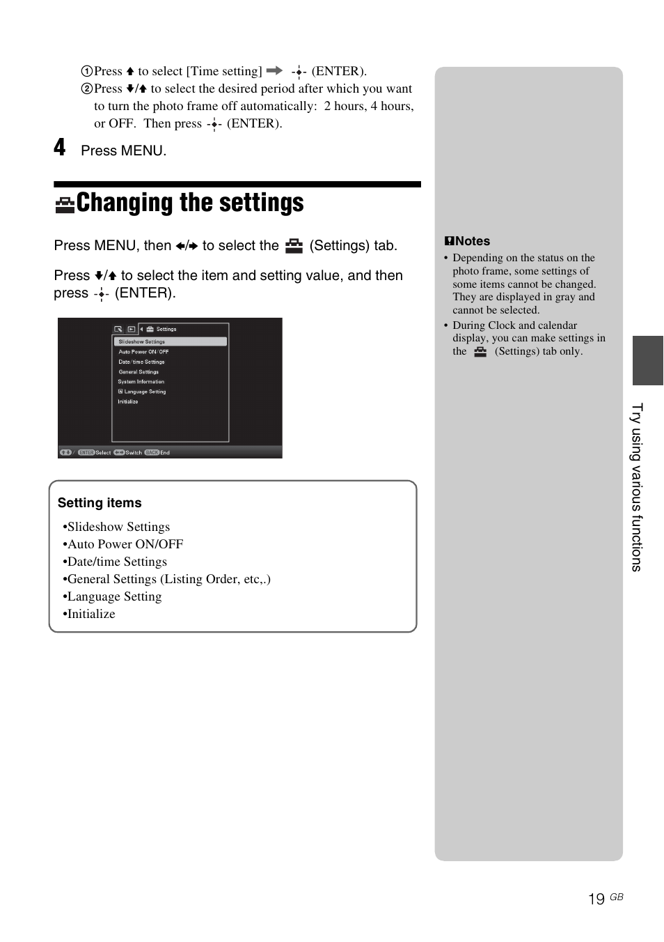 Changing the settings | Sony DPF-E710 User Manual | Page 19 / 28