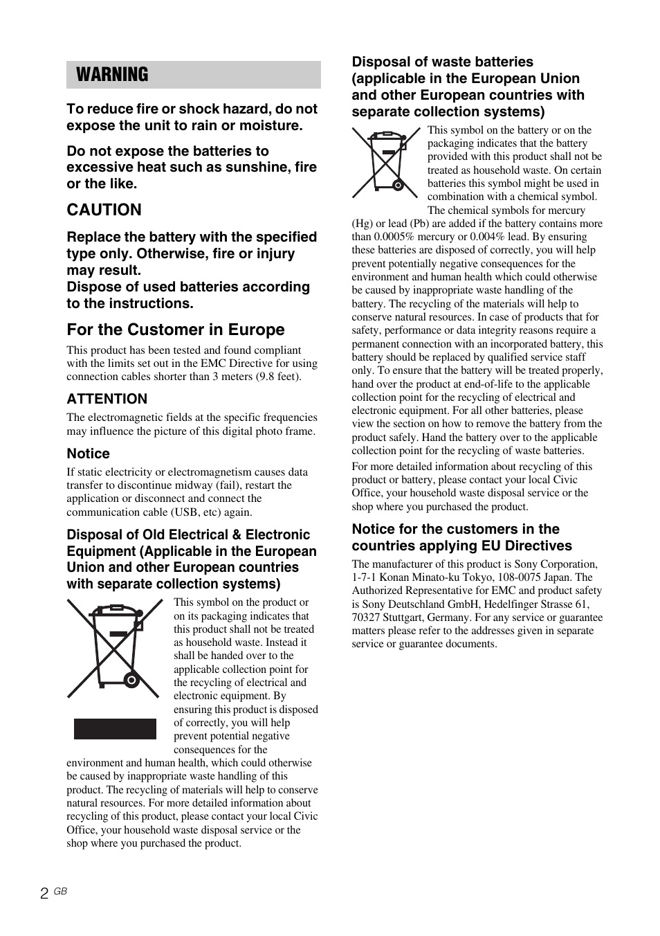 Warning, Caution, For the customer in europe | Sony DPF-E710 User Manual | Page 2 / 28