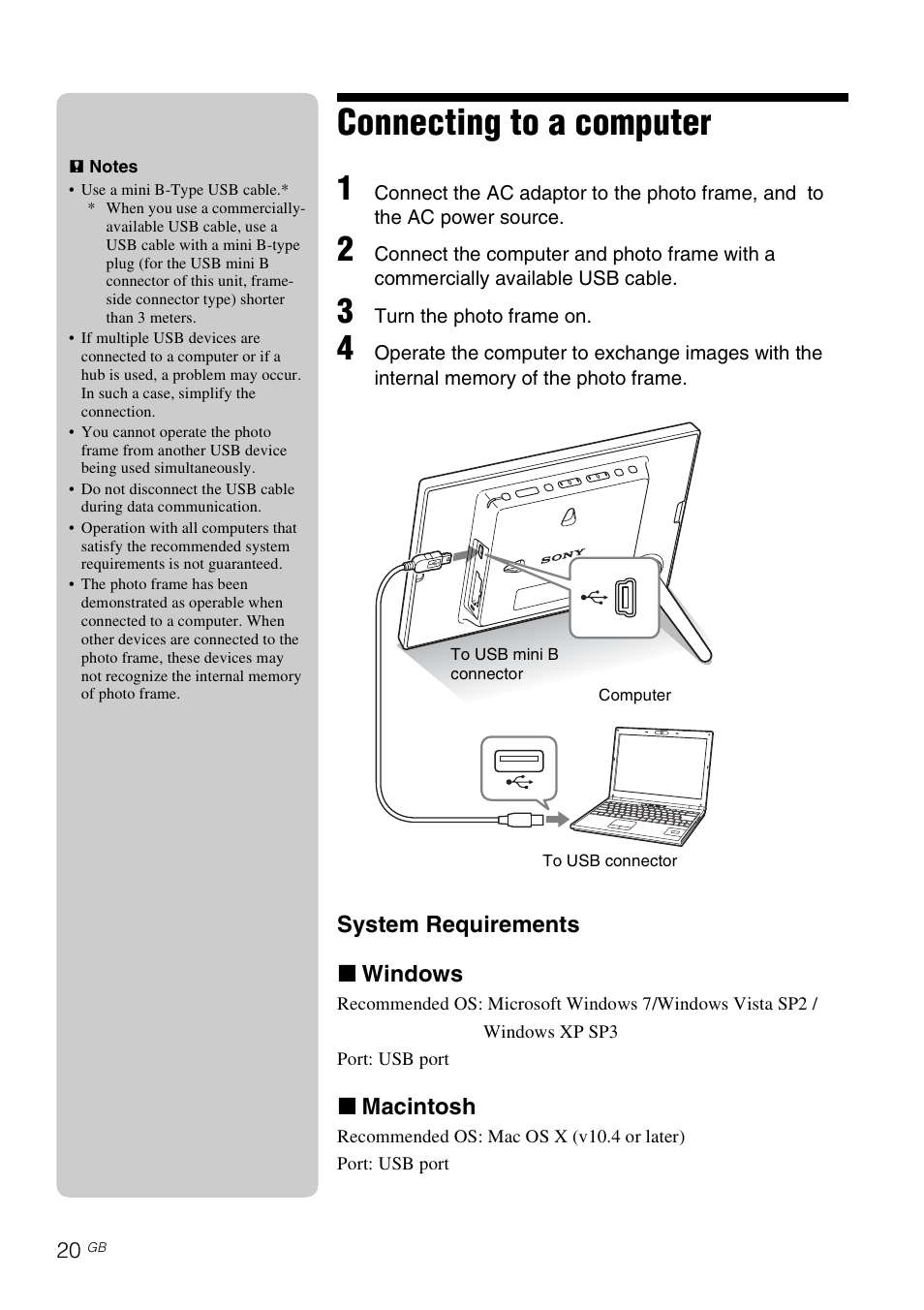 Connecting to a computer | Sony DPF-E710 User Manual | Page 20 / 28