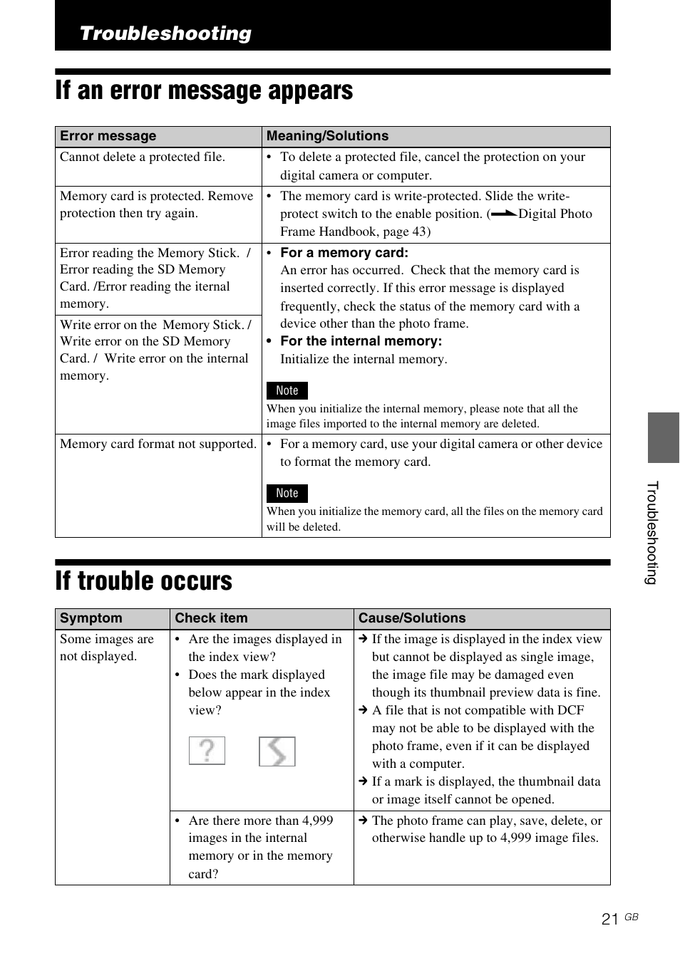 Troubleshooting, If an error message appears, If trouble occurs | If an error message appears if trouble occurs | Sony DPF-E710 User Manual | Page 21 / 28