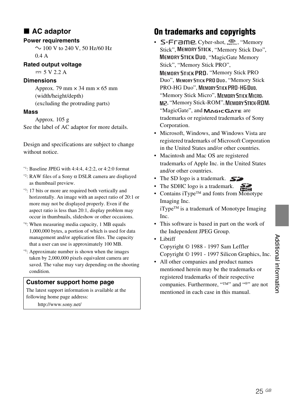 On trademarks and copyrights, X ac adaptor | Sony DPF-E710 User Manual | Page 25 / 28