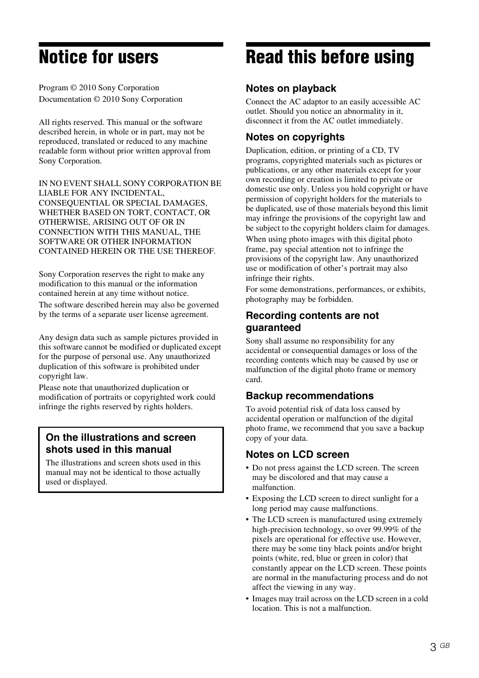 Read this before using, Notice for users | Sony DPF-E710 User Manual | Page 3 / 28